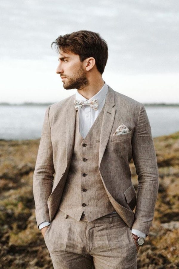 Men Brown Linen Wedding 3 Piece Suits - Men Clothing  Groom bespoke Suits Party Wear Suit Gift For Him Christmas wear suits Brown 3 Piece