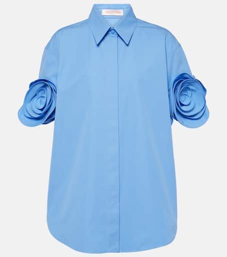 Floral-appliqué cotton shirt in blue - Valentino | Mytheresa
