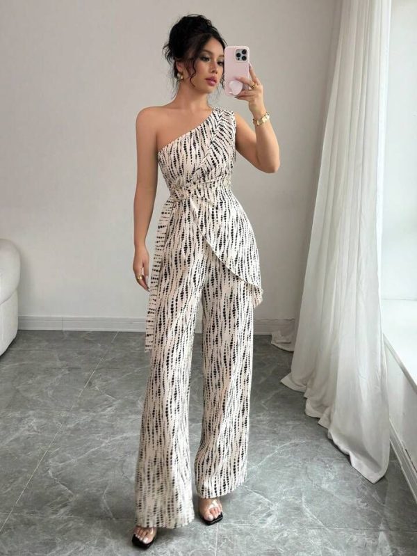 Elenzga Women's Elegant One-Shoulder Sleeveless Cinched Waist Asymmetrical Hem Straight Leg Pants, Asymmetrical Polka Dot Print Contrast Color Jumpsuit, Spring/Summer