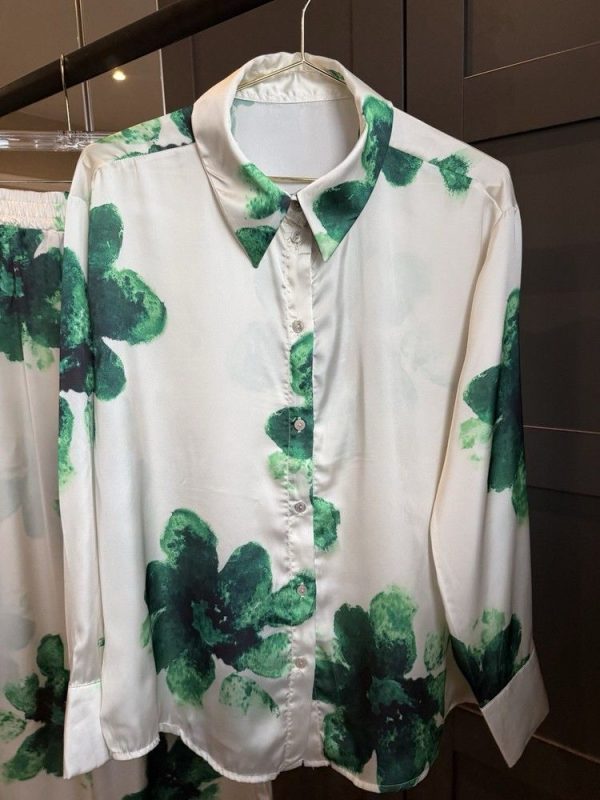 Stunning Zara Style Green Ecru Floral Print Co-ord Shirt And Trousers XL 2025