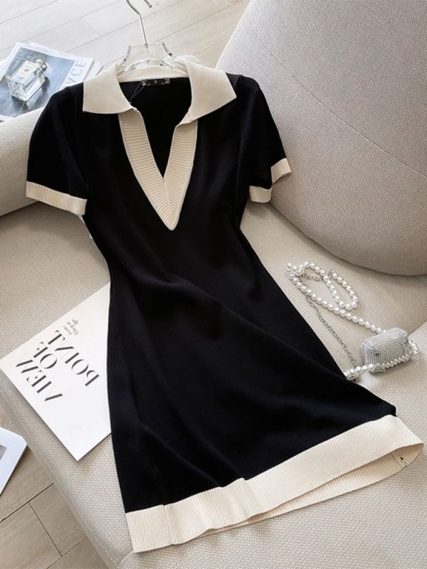 Zingj Summer Polo Collar Short Sleeve Knitted Dress Women Korean Fashion Casual Straight Loose Knitting Short Dresses Black-One Size