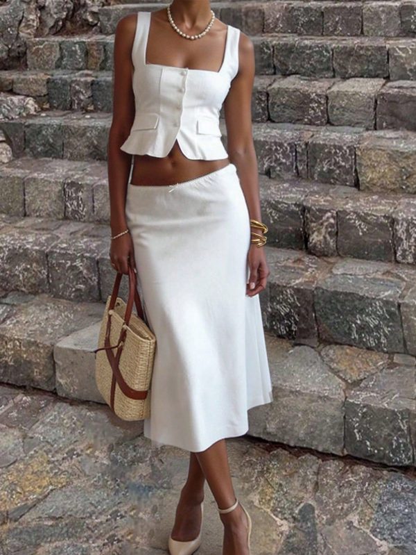 2pcs Women Spring Plain Top And A-Line Skirt Set, Birthday Outfit, Minimalist Casual Everyday Wear