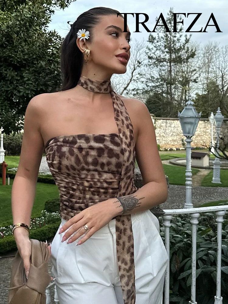 TRAFZA Leopard Print Tube Tops For Women Tulle Halterneck Sleeveless Vintage Off-Shoulder Slim
