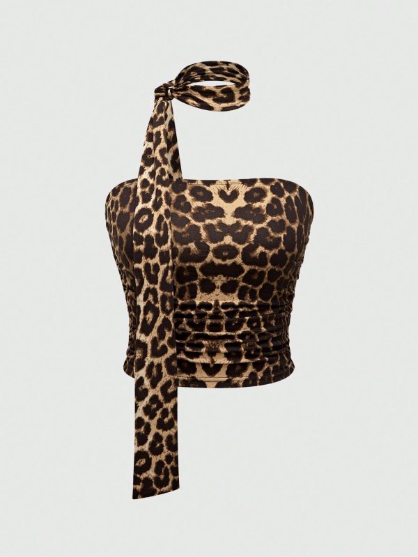 Y2K Gyaru Leopard Allover Print Tight Pintuck Strapless Crop Top For Women