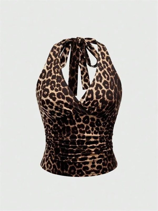 Halter V-Neck Leopard Printed Backless Crop Top - Leopard / S