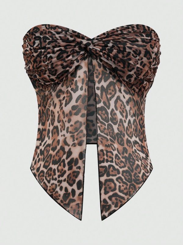 Plus Size Women Leopard Print Elastic Mesh Twist Bandeau Top