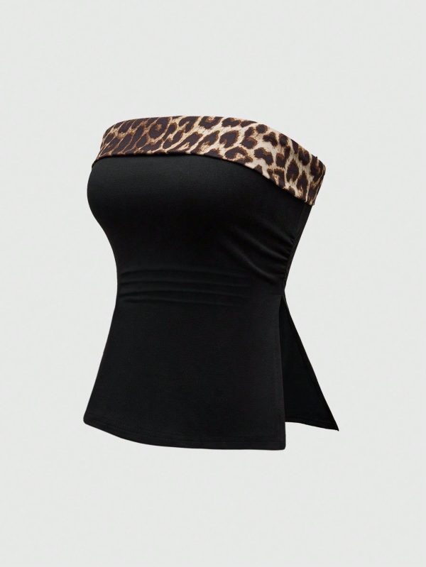 Y2K Gyaru Subculture Women Leopard Print Cropped Tube Top With Slit Hem