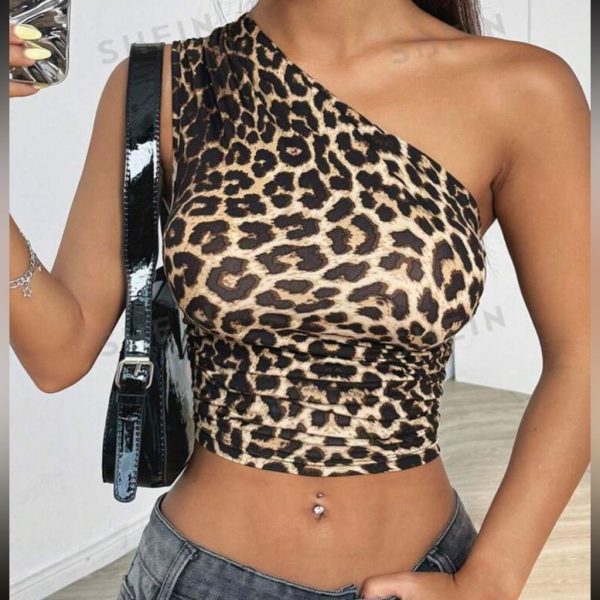 Leopard Print One Shoulder Top | Color: Brown/Tan | Size: Xs