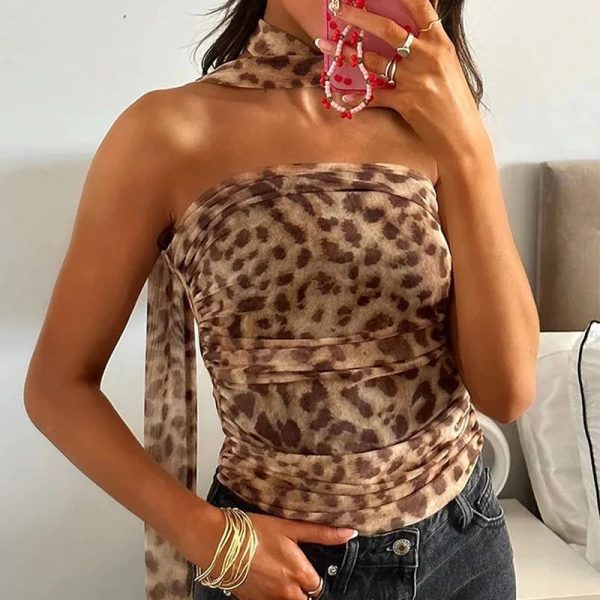 HXAO Leopard Mesh Tops Women Print Halter Top Woman Strapless Backless Top Sexy Lingerie Ladies Summer Top Off Shoulder Crop Top
