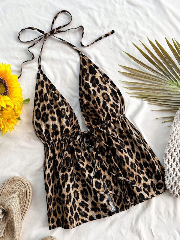 Plus Size Women's Sexy Leopard Print Halter Neck Cami Top, Perfect For Vacation