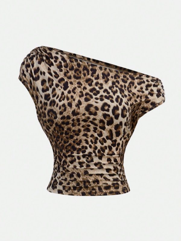 Casual Leopard Print Asymmetric Ruched Cropped Top For Teen Girls, Suitable For Spring/Summer