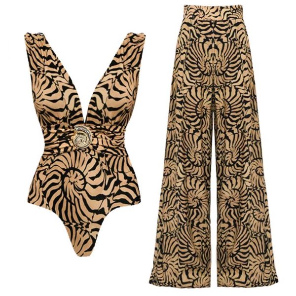 V-Neck Marine Thread One Piece Swimsuit and Sarong Swimsuit and pants-M