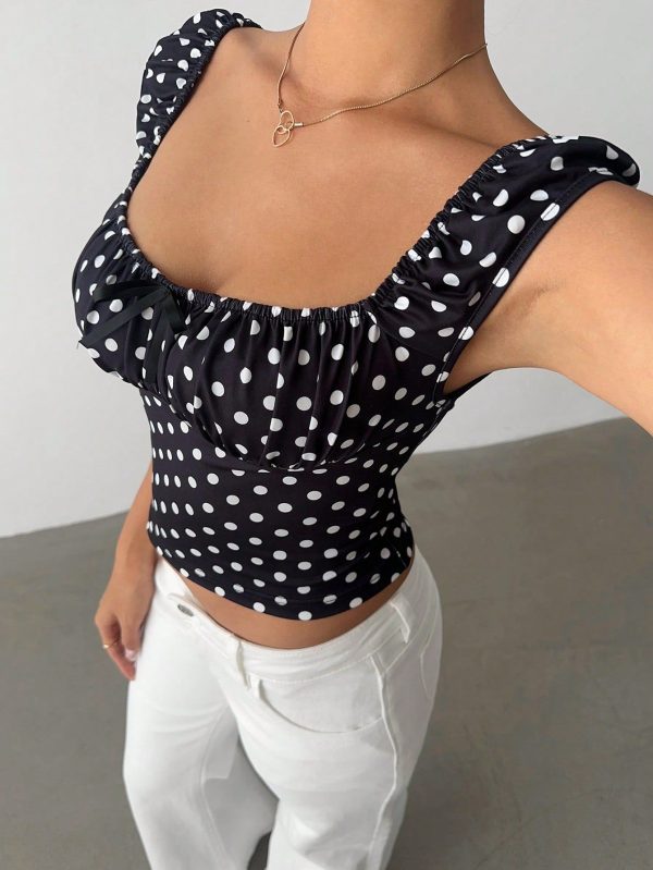 Women's Daily Simple Casual Commuting Tops Black And White Polka Dot Print Ruched Tie Front Fitted Cropped T-Shirt