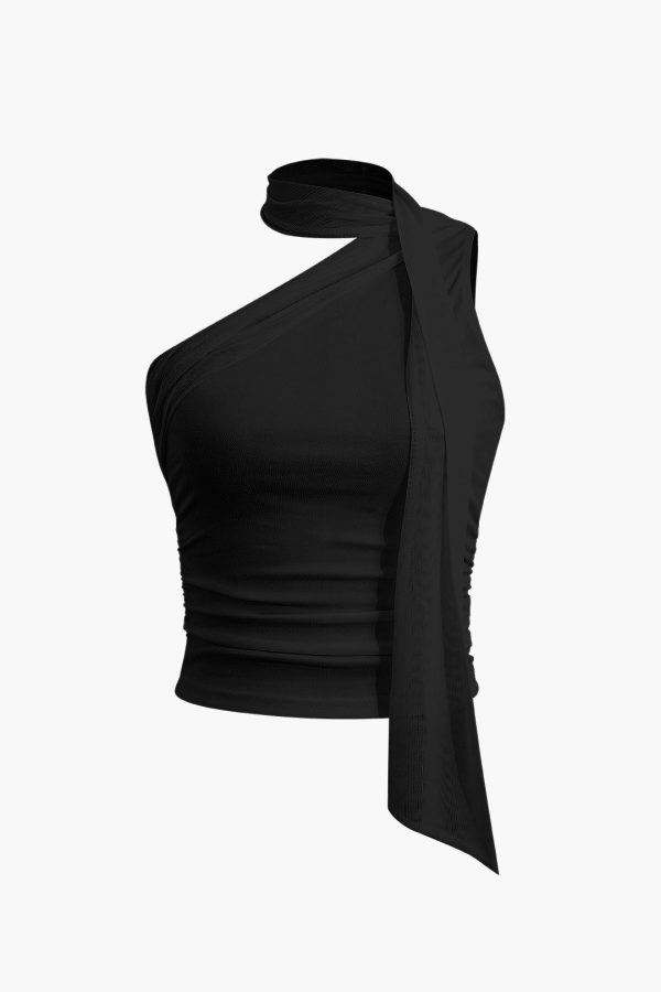 Zingj one shoulder tank top with scarf Black-L