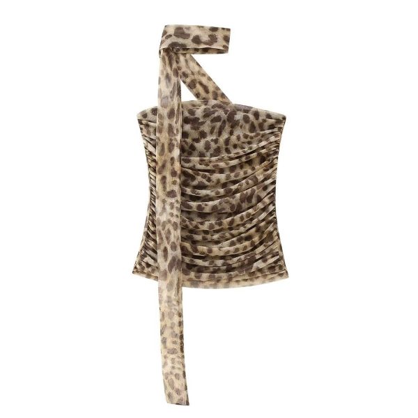 Zevity New Women Fashion Strapless Leopard Pleated Halter Blouse Female Backless Slim Mesh Shirts