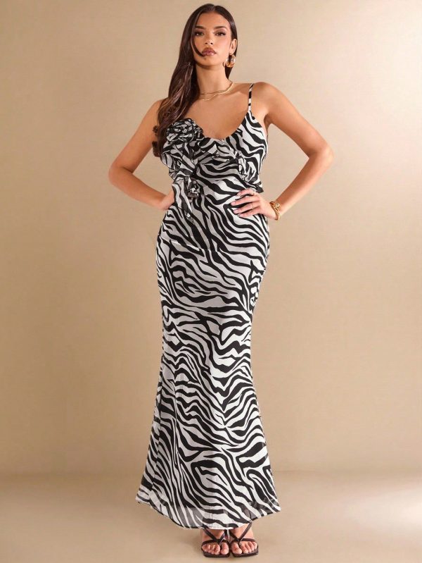 Elegant Black and White Zebra Print Backless Dress with 3D Floral Ruffles for Spring/Summer Vacations - S