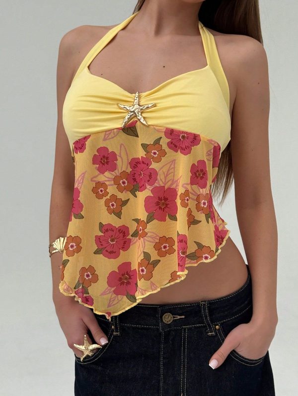 Women's Halter Neck Seashell Floral Chiffon Patchwork Cropped Top Summer Summer Outfits Summer Clothes Beach Outfits For Woman  Beach Vacation Vacation Outfits Woman Boho  Tropical Vacation Woman Clothe Floral  Starfish Metal Decoration Concert Outfit Women Rave Outfits Festival Country Concert Outfit Ibiza Outfits Nashville Outfits Western Wear Women Western Boho Streetwear Tropical Gyaru   Cute Summer Tops Ruffle Floral