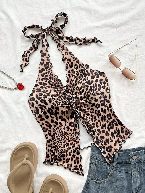 Vacation Women's Vintage Leopard Print Twist Knot Halter Tied Back Bowknot Asymmetrical Ruffle Hem Cropped Casual Top