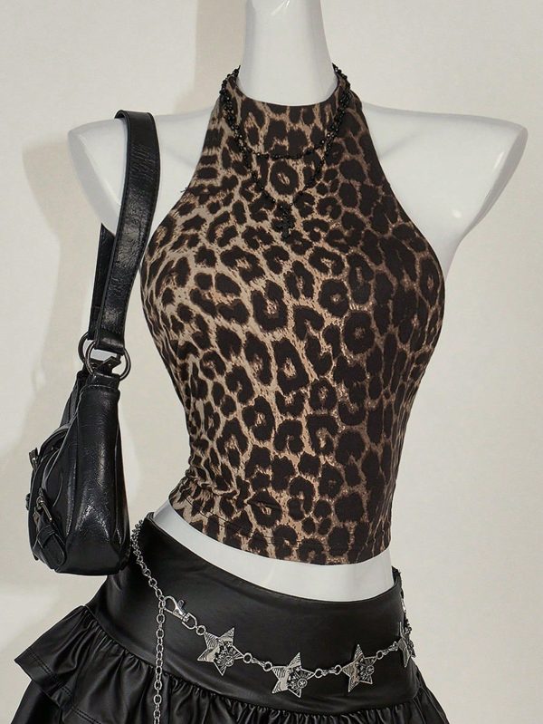 Women's Leopard Print Halter Simple Casual Y2K Goth Party Going Out Backless Top, For Daily Wear