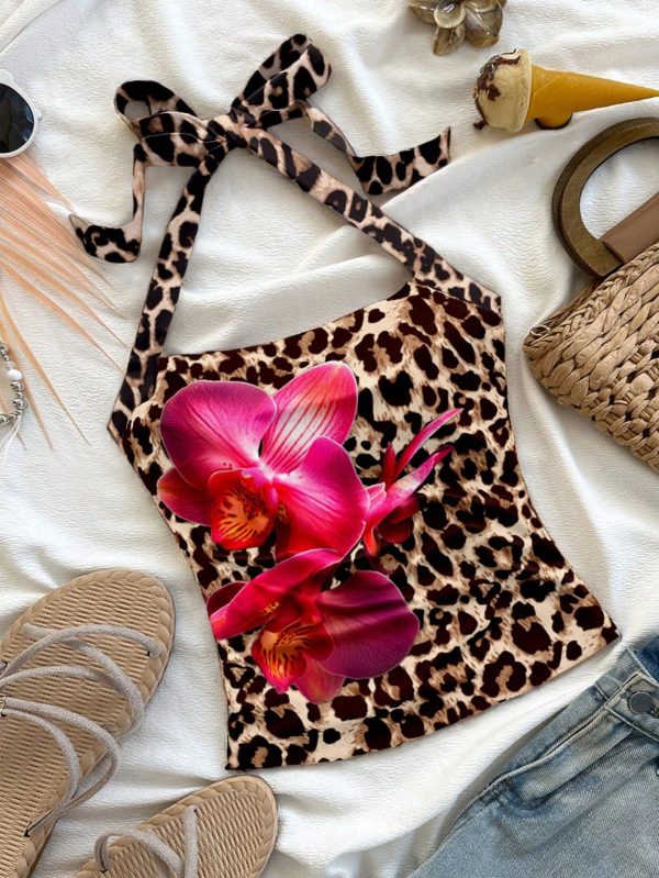 Women's Vacation Floral & Leopard Print Halter Knitted Fitted Camisole Top, Suitable For Summer