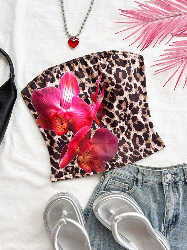 Women's Vacation Leopard & Floral Pattern Printed Fitted Cropped Bandeau Top, Suitable For Party, Date, Afternoon Tea, Modern Fashion, Beach, City Resort