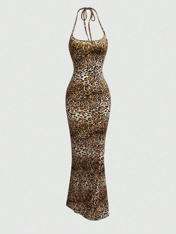 Women's Leopard Print Halter Neck Style Dress Maxi Women Outfit
