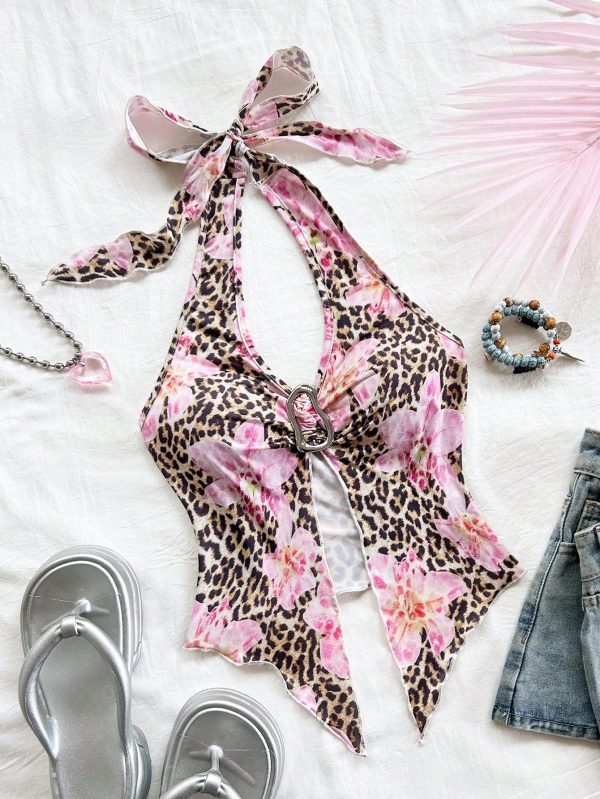 New Leopard Print Pink Floral Casual Vacation Metal Decor Spaghetti Strap Tank Top
