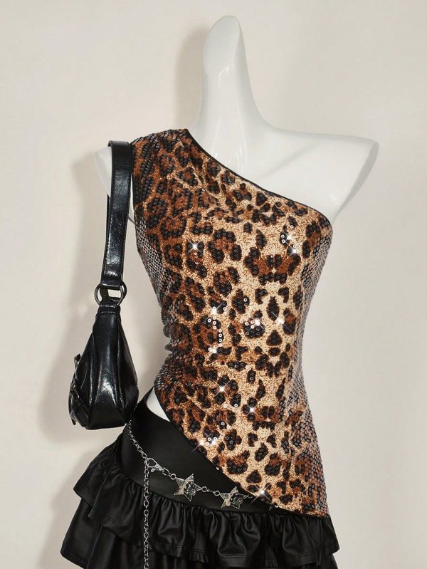 Y2K Sexy One-Shoulder Diagonal Leopard Sequin Blouse