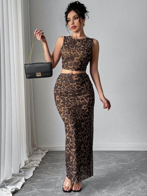 Women Elegant Leopard Print Sleeveless Tank And Mini Skirt 2 Piece Set