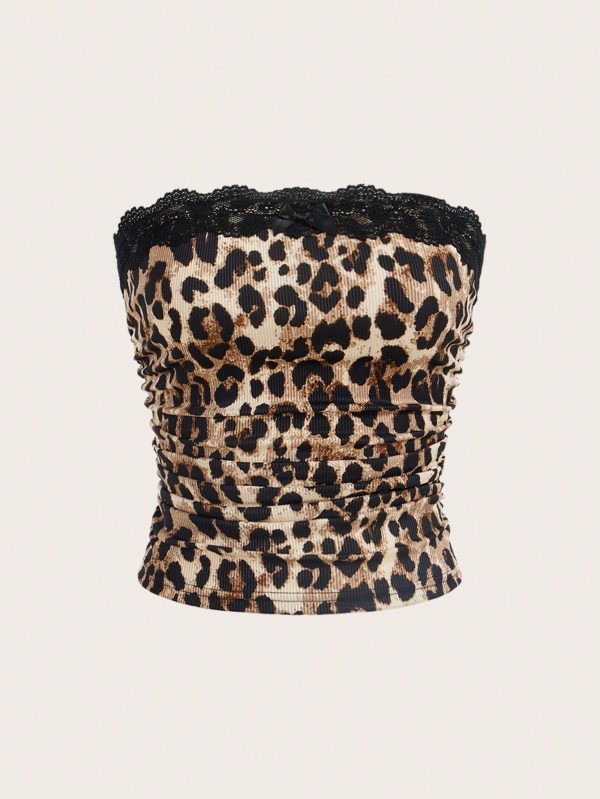 Women's Leopard Print Lace Trim Bandeau Tube Top