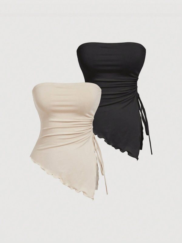 2pcs Women Casual Drawstring Asymmetrical Hem Slit Fitted Tube Top Set, Suitable For Summer,Tube Top