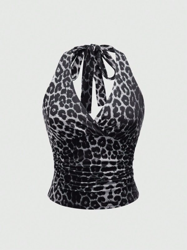Y2K Leopard Allover Print V-Neck Halter Top For Women, School