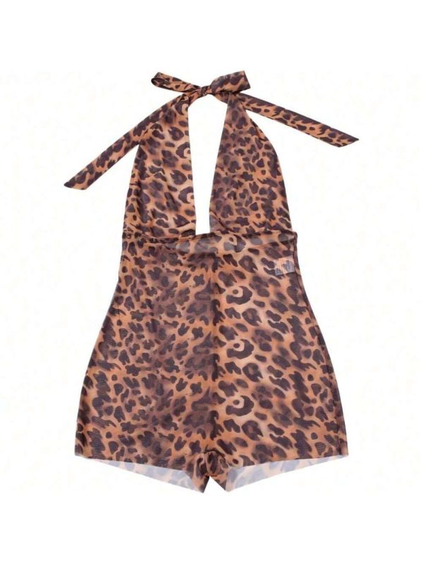 2024 Summer Fashion Creative Spice Girl Leopard Print Deep V Sleeveless Neck Tights