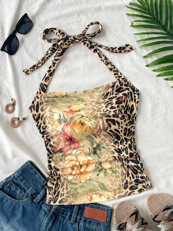 Vacation Women's Halter Neck Leopard Print Colorful Floral Folds Sleeveless Tank Top,Hollowed Costumes,Thanksgiving Women Outfit,Sexy Women Outfit,Fall Women Clothes,Hippie Clothes,Christmas Women Top,Going Out Top,Halloween Women Costumes,Concert Women Outfit,Leopard Costume,Party Women Outfit