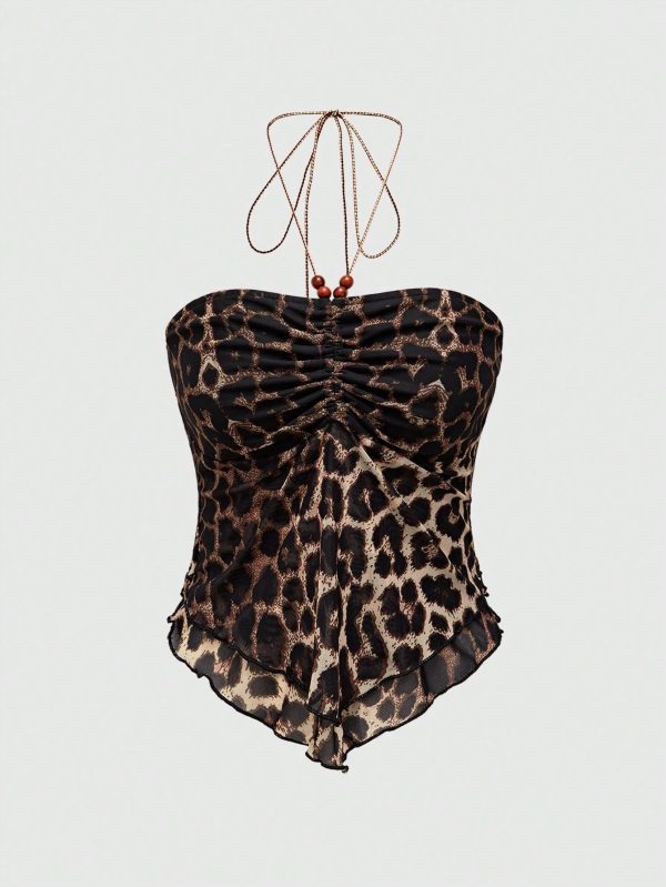 All-Over Allover Print Pleats Halter Neck Asymmetrical Hem Backless Vintage Camisole, Summer