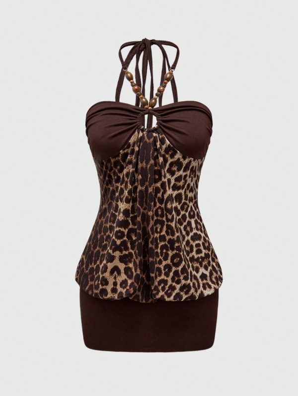 Y2K Gyaru Vintage Baddie Beaded Decor Patchwork Leopard Print Halter Bodycon Plus Size Dress, For Summer