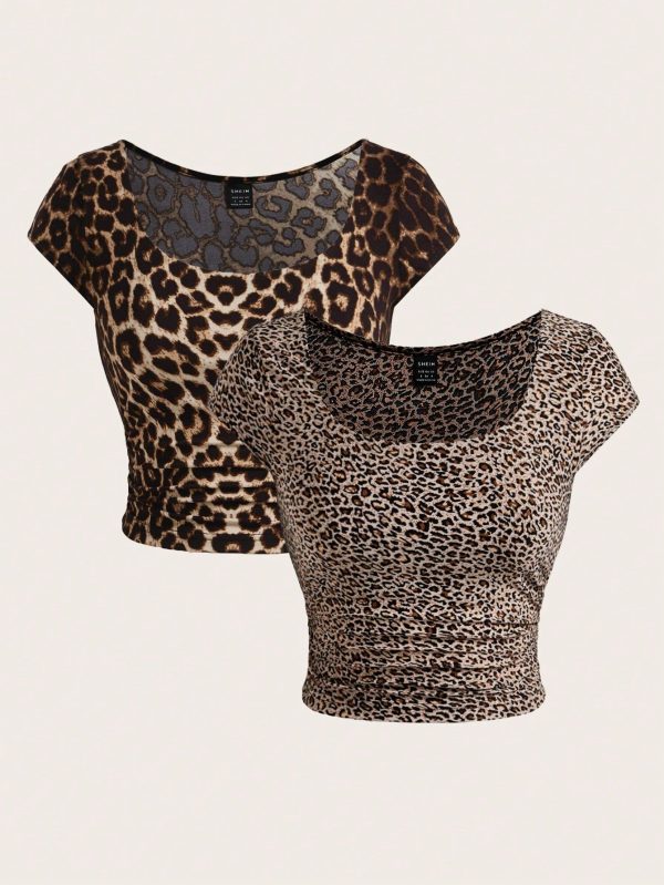 Summer Casual Leopard Print Crew Neck Women's Slim Fit T-Shirt Inside Out Airport Outfit Teacher T-Shirt Back To School T-Shirt Old Money Style Outfits Going Out Top,2pcs