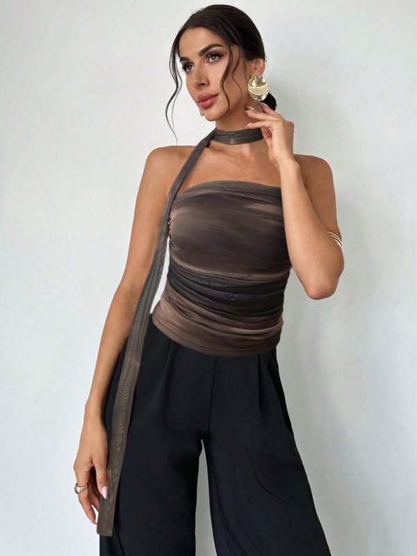 Women's Simple Elegant Fashion Sexy Romantic Tie-Dye Tie Dye Print Neck Tie Ruffle Tube Top,Rave Top