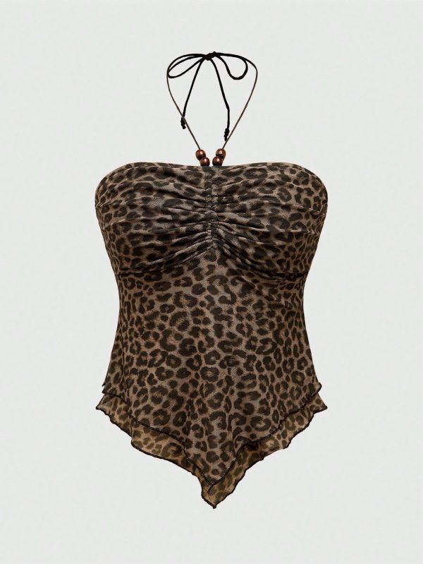 Retro Y2K Gyaru Harajuku Sexy Mesh Leopard Print Halter Top, School