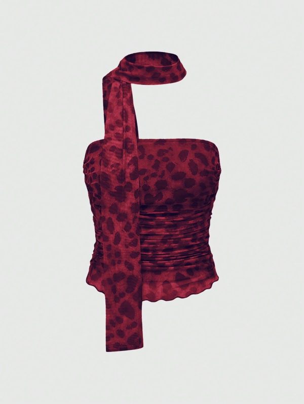 Women's Summer Leopard Print Pleated Halter Neck Camisole