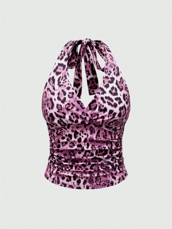 Y2K Leopard Print Women Halter Neck Cami