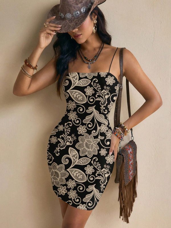 Floral Print Bodycon Cami Dress For Women, Suitable For Spring & Summer, Prom Dress, Rave Western Wear