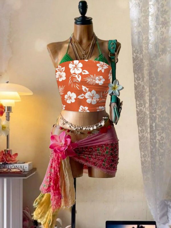 Women's Casual Vacation Style Hibiscus Allover Print Bandeau Crop Top, Suitable For Summer & Beachside