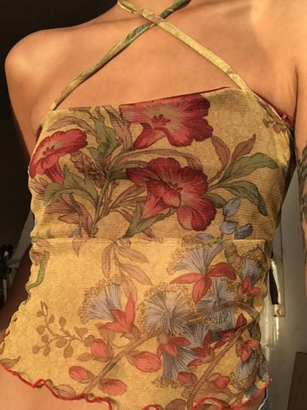 Zingj Halter Mesh Floral Crop Cami Top-Outfit Ideas Orange-L
