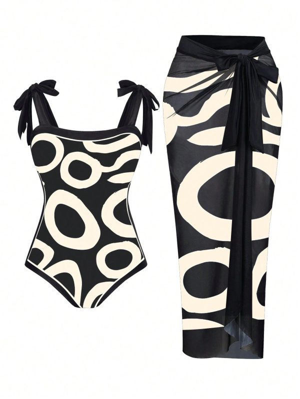 Summer Beach Plus Size Printed One-Piece Swimsuit With Wrap Cover-Up 2pcs/Set Carnival