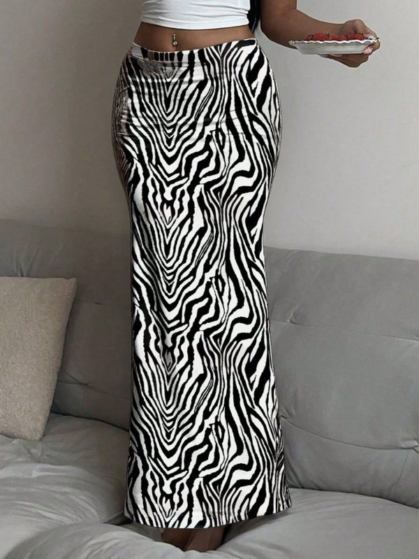 Women's Zebra Pattern Low Waist Long Knit Skirt, Suitable For Spring, Summer, Fall