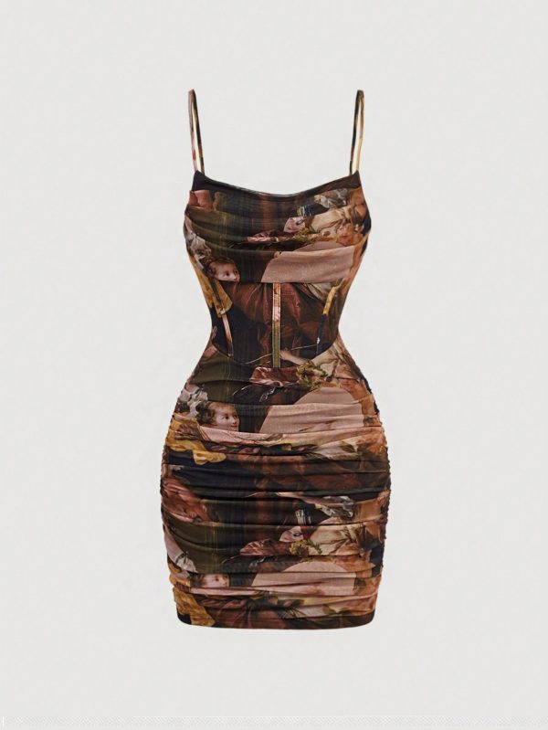 Women's Vintage Angel Painting Print Bodycon Dress, Renaissance Dress, Homecoming Dresses, Formal Dress, Clothes, Short Formal Dress, Cocktail Dress Short
