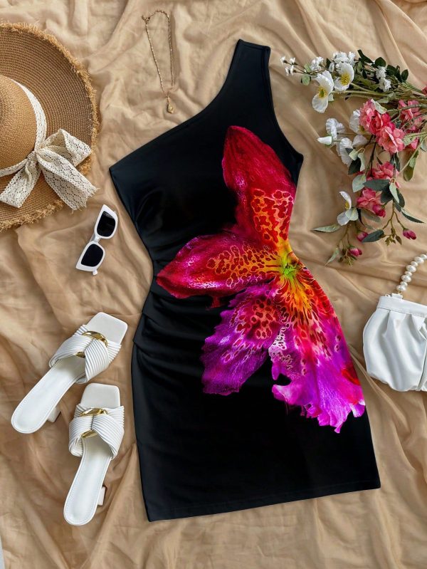 Women's Casual One Shoulder Ruched Fitted Mini Dress, Suitable For Summer, Vacation, Hibiscus Floral Print, Hawaiian Flowery,Summer Dresses For Women