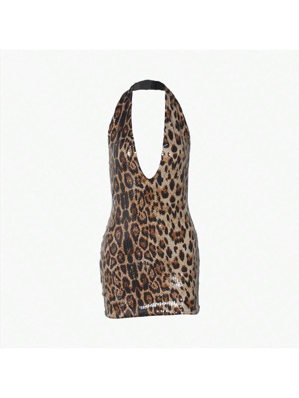 Women's Halter Neck Leopard Pattern Wild Sexy Hot Girl Slim Deep V Short Skirt Backless Dress