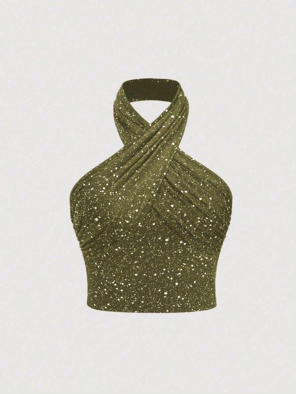 Women's Criss Cross Spaghetti Strap Sparkly Backless Tank Top, Spring/Summer